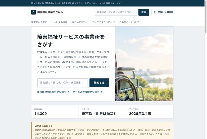 障害福祉事業所さがしのトップページ(検索窓と車いすの写真)